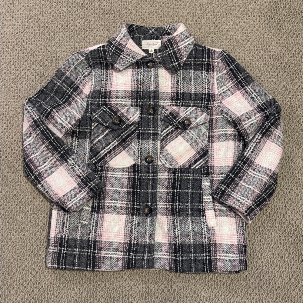 Sugar Fox Pink/Black Flannel Plaid Pocketed Oversize Shirt Jacket Sz Small
